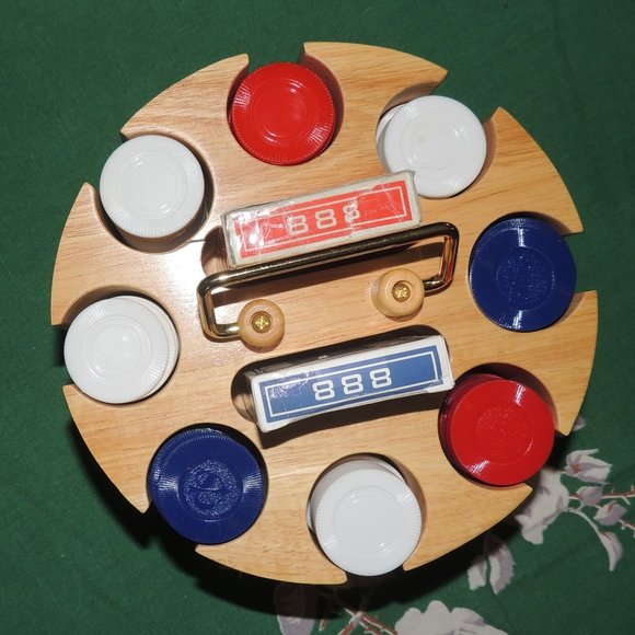 Metal Handled, Lazy Susan Rotating Solid Wood Carousel w/Vintage 1960's Chips - Picture 4 of 8